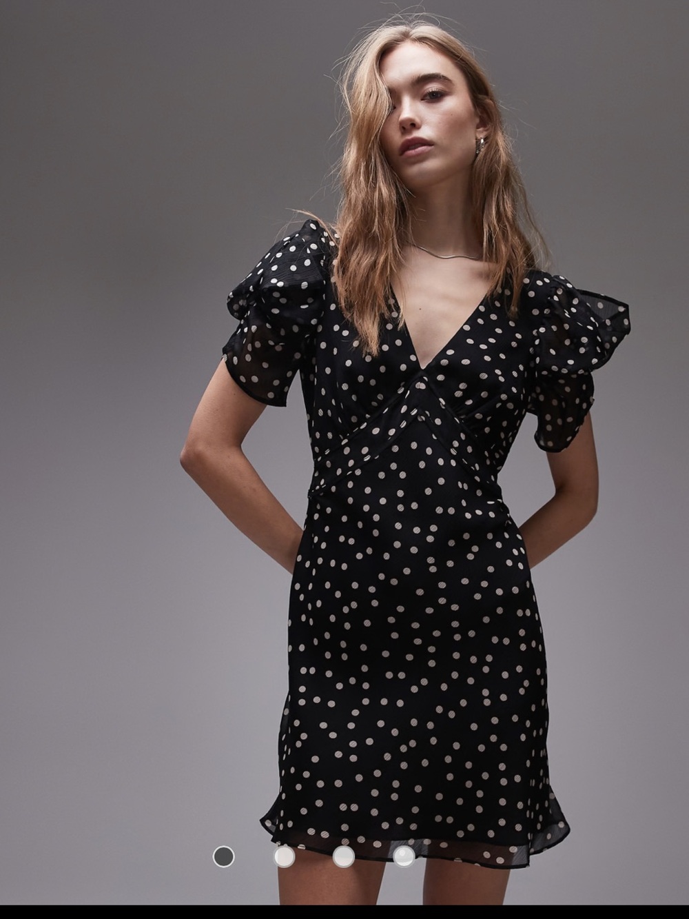 ASOS Black Polka Dot Puff Sleeve V-Neck Mini Dress